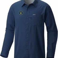 New 👍 Columbia Men's Milwaukee Brewers Navy Slack Tide Long Sleeve T-Shirt ⌛