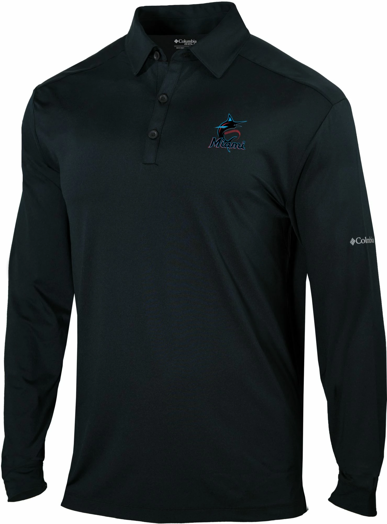 Wholesale π― Columbia Men's Miami Marlins Black Pin High Long Sleeve Polo π₯