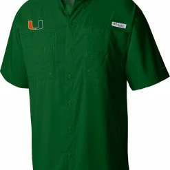Discount 🥰 Columbia Men's Miami Hurricanes Green Tamiami Short Sleeve Button Down 👕 Shirt 🌟