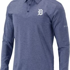 Outlet 🤩 Columbia Men's Detroit Tigers Navy Pin High Long Sleeve Polo 🧨