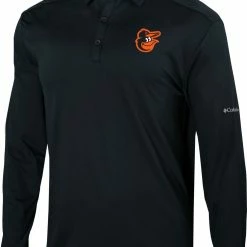 Coupon 🛒 Columbia Men's Baltimore Orioles Black Pin High Long Sleeve Polo ✨