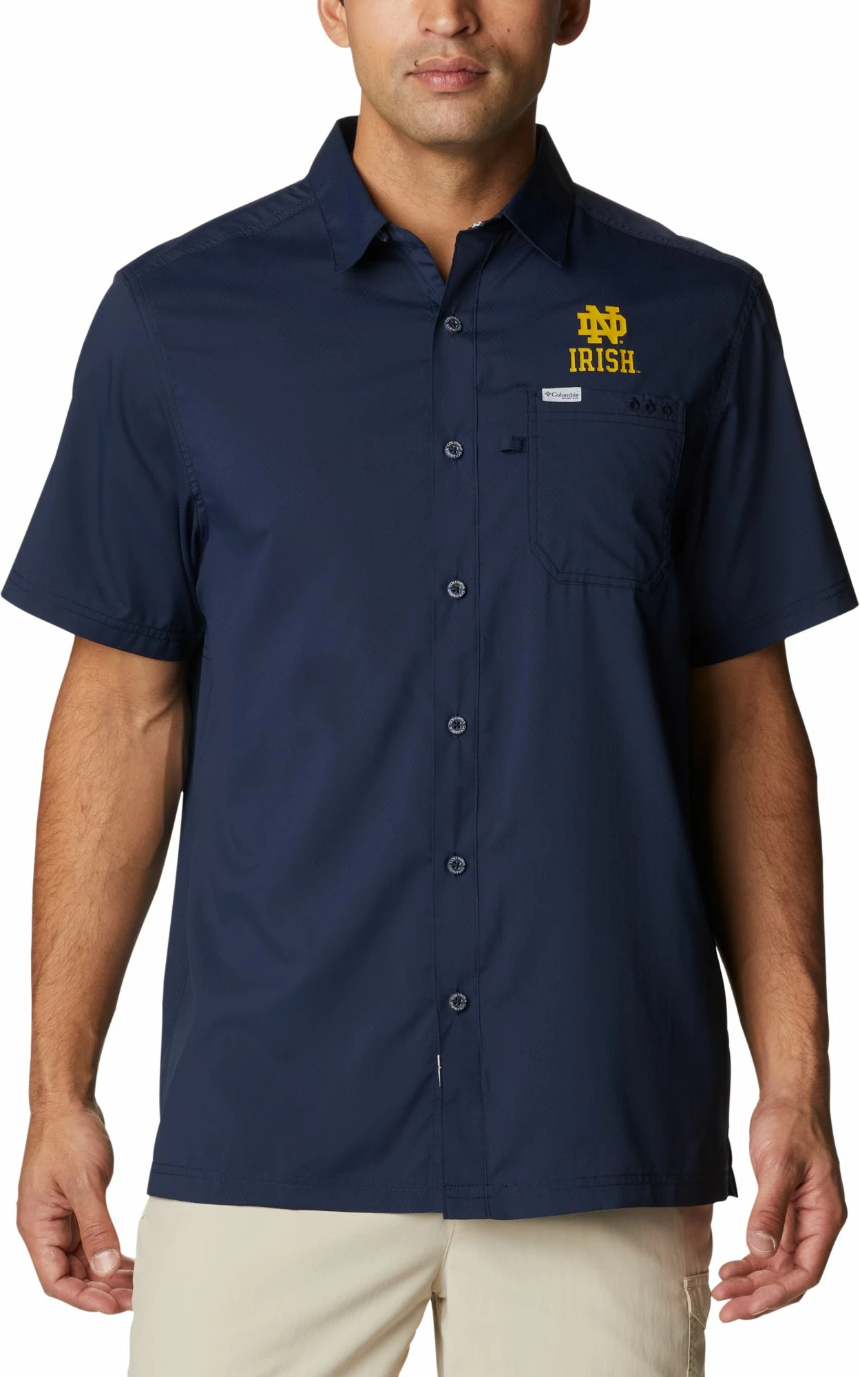 New π₯° Columbia Men's Notre Dame Fighting Irish Navy Slack Tide Camp Button Down π Shirt π