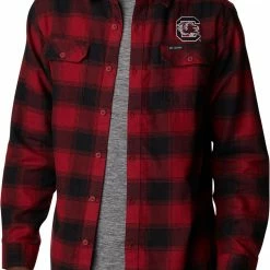 Promo ✨ Columbia Men's South Carolina Gamecocks Garnet Plaid Flare Gun Flannel Button Down Long Sleeve 👚 Shirt ✔️